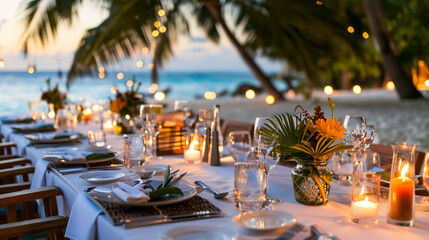 Decorated table setup for a reception at a beach resort.