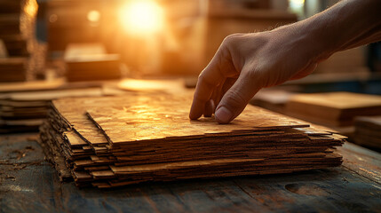 craftsman's hand inspects a piece of MDF and wood, focusing on the texture and quality, symbolizing attention to detail, precision, craftsmanship, and the value of handcrafted design work