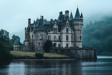 Obraz premium Enchanting Castle by the Misty Lake