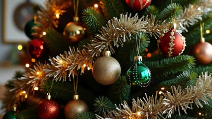 Close-up Sparkling Christmas Tree Ornaments & Tinsel