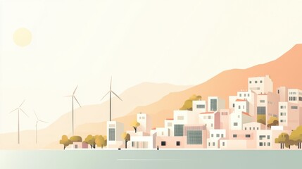 Naklejka premium Urban landscape with wind turbines and buildings. Vector illustration in flat style.