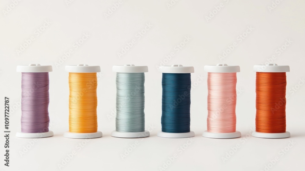 Poster six spools of colorful embroidery thread on display