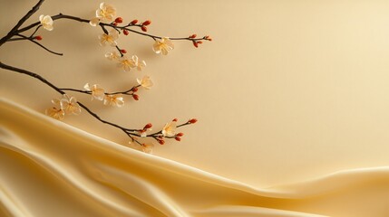 Displaying Refined Chinese Silk Fabric with Blossoming Branches in a Minimalist Setting for Artistic Inspiration