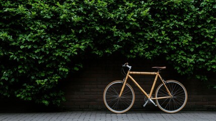 Fototapeta premium A bicycle is parked in front of a wall of green bushes