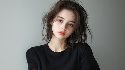 Fototapeta premium Natural Portrait of Young Woman with Soft Features and Casual Hair
