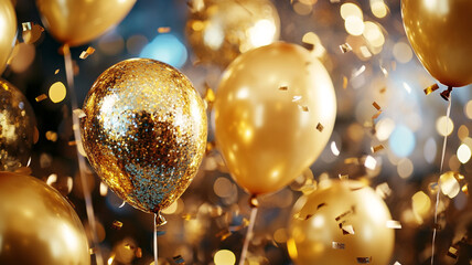 Celebration with golden balloons and confetti creating a festive atmosphere indoors