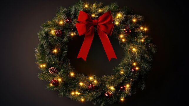 Christmas decoration evergreen wreath wit red ribbon bow lights