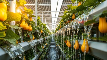 Greenhouse with hydroponics system. Lush indoor hydroponics garden with hanging water jets and abundant green vegetation and orange gourds.