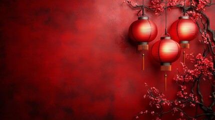 Red lanterns and red flowers create a vibrant scene, ideal for Chinese New Year, festive events, or cultural themed designs
