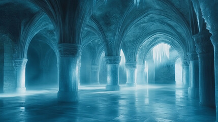 breathtaking ice palace with crystalline columns rising from a frozen expanse, radiating an otherworldly glow, evoking a sense of magic and serenity in an ethereal, dreamlike atmosphere