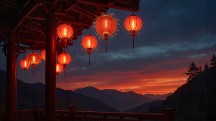 Red lanterns glowing at sunset over mountains