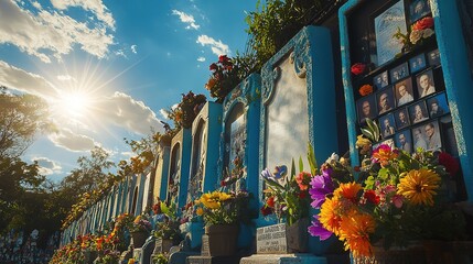 Obraz premium Colorful cemetery wall with sunlit flowers and portraits.