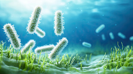 Abstract representation of microbiome with glowing bacteria in water