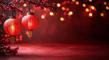 Fototapeta premium Red lanterns and red flowers create a vibrant scene, ideal for Chinese New Year, festive events, or cultural themed designs