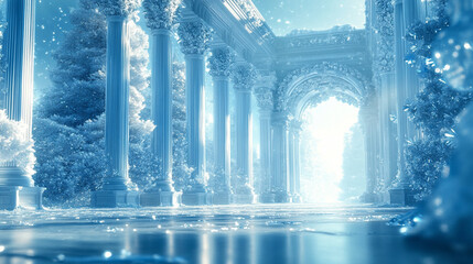 breathtaking ice palace with crystalline columns rising from a frozen expanse, radiating an otherworldly glow, evoking a sense of magic and serenity in an ethereal, dreamlike atmosphere