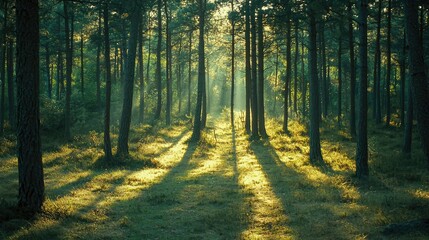 Ethereal Sunlight Filtering Through Dense Pine Trees in a Serene Forest Creating Playful Shadows and a Tranquil Atmosphere for Nature Lovers and Outdoor Enthusiasts