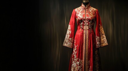 Elegant and Intricate Red Dress with Stunning Gold Embroidery Showcased on a Mannequin Against a Dark Background for Fashion and Cultural Themes
