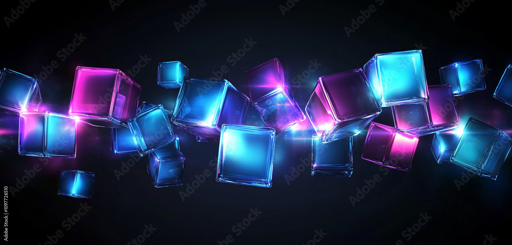 Poster Colorful translucent cubes floating in a dark space create a captivating visual effect at night
