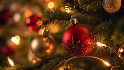 Close-up Christmas Tree, Red & Gold Ornaments, Warm Lights, Bokeh