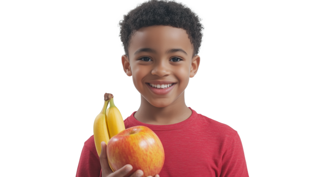 Studio shot of a smiling black boy holding a fresh apple and banana on a transparent background. Healthy female nutrition concept. Isolated.