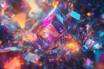 Fototapeta premium A vibrant, abstract scene of colorful, reflective cubes in a dynamic arrangement.