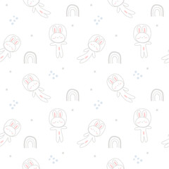 Rabbit cartoon so cute in the sky. On rainbow star white background. Pattern seamless vector illustration. 