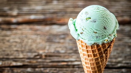 Mint chocolate ice cream with pistachios in a waffle cone vintage wooden background selective focus