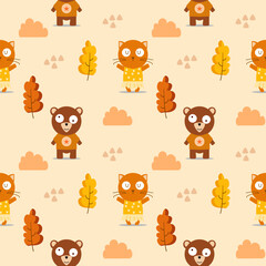 Bear and cat cartoon so cute in autumn. On tree background. Pattern seamless vector illustration. 