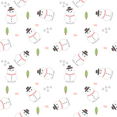 Snowman cartoon so cute. On mountain pine tree grass white background. Pattern seamless vector illustration. 
