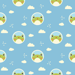 Face frog in the sky cartoon so cute. On cloud blue background. Pattern seamless vector illustration. 