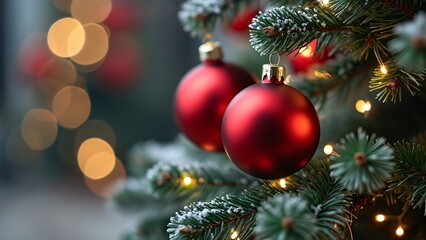 Close-up Red Christmas Ornaments on Green Pine Tree