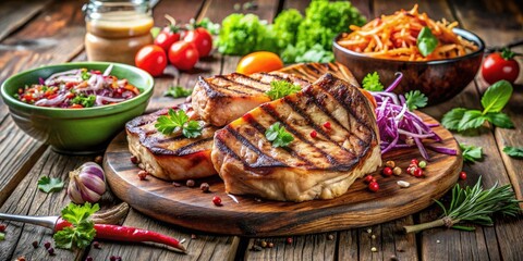 Obraz premium Grilled Pork Chops and Cole Slaw Salad - A Double Exposure Culinary Delight