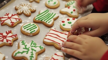 Obraz premium Decorated Christmas cookies being crafted by a child's hands during a festive holiday baking session