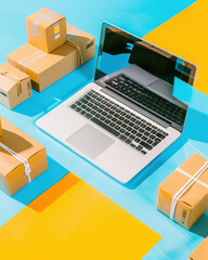 Engaging digital shopping experience home office flat lay with laptop and ai suggestions colorful background creative concept for enhanced e-commerce