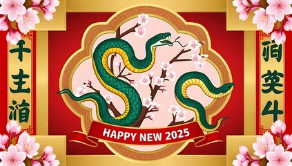 Obraz premium Happy New Year 2025 Snakes and Cherry Blossoms