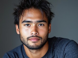 Obraz premium Portrait of Young Man with Dark Hair and Thoughtful Expression