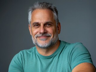 Obraz premium Mature Man with Gray Beard Smiling in Casual T-Shirt Portrait