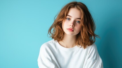Fototapeta premium Young Woman with Wavy Hair Against a Solid Blue Background