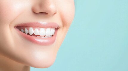 Fototapeta premium Beautiful Smile with White Teeth Against Soft Blue Background