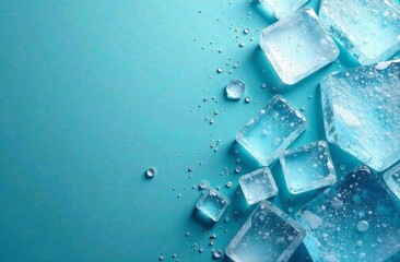 Close-up of melting square ice cubes with water droplets scattered on a vibrant blue background, evoking freshness, coldness, and hydration. Horizontal photo with space for text