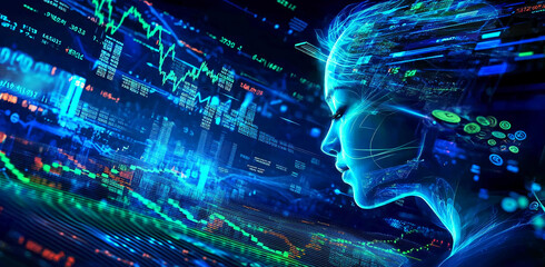 Digital representation of an artificial intelligence analyzing financial data in a futuristic environment