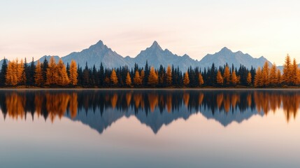 Obraz premium Serene Autumn Lake Reflection in the Alps Majestic Mountain Range Golden Larch Trees Pe