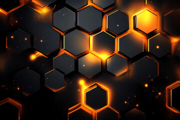 A background of glowing orange and black hexagons creating an abstract wallpaper with a modern tech vibe..