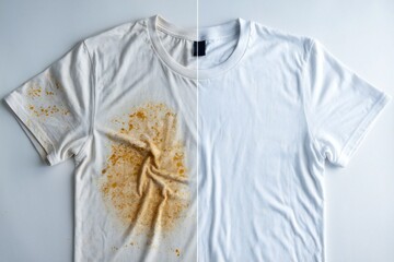 Before and after stain removal on white t-shirt