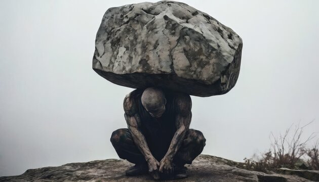 A muscular person crouches low, bearing the heavy burden of a massive rock on their back. This striking image conveys themes of strength, perseverance, and carrying immense responsibility, set against