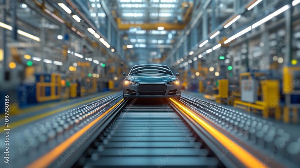 Poster a car is on a train track in a factory