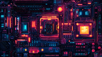 Fototapeta premium Futuristic Digital Art with Neon Lights and Abstract Circuit Board Design