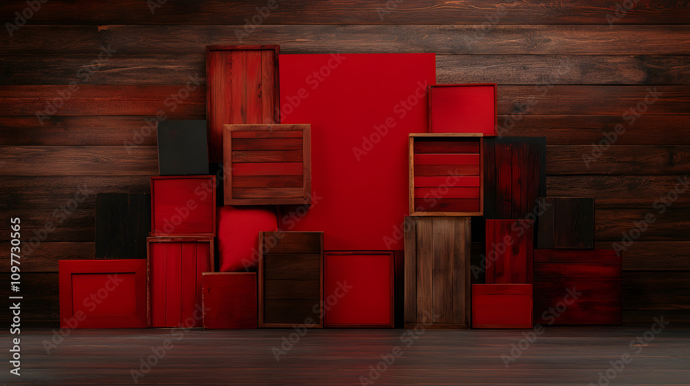 Poster a composition of red and wooden boxes arranged against a rustic wooden backdrop, creating a striking