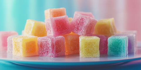 A plate of colorful candy cubes