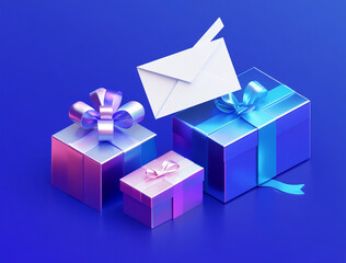 Colorful gift boxes with ribbons and an envelope on a blue background for celebration or surprise events